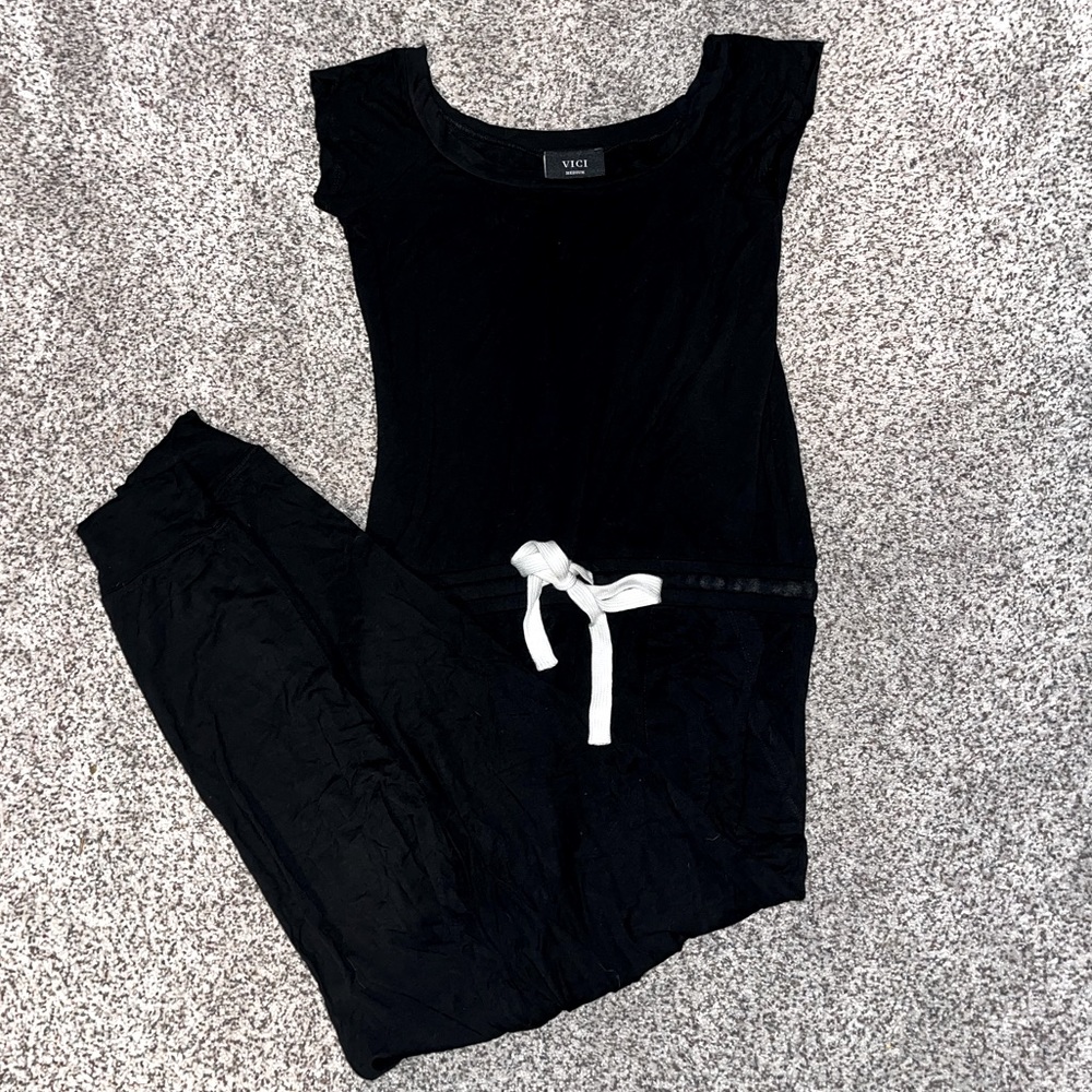 Vici Ankle length jumpsuit, womens, all black with white tie at waist.